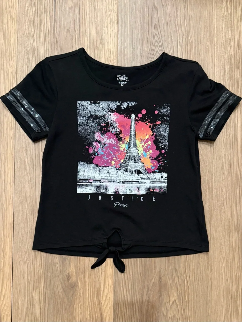 Justice Black Short Sleeve Tee with Eiffel Tower Splash Graphic- Girls 10